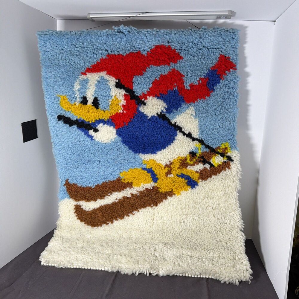 Vintage Disney Donald Duck Skiing Latch Hook Rug Wall Hanging Tapestry Handmade